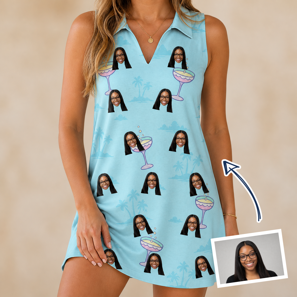 Woman wearing Women's Cork Kisses Custom Face V-Neck Dress — custom faces printed all-over