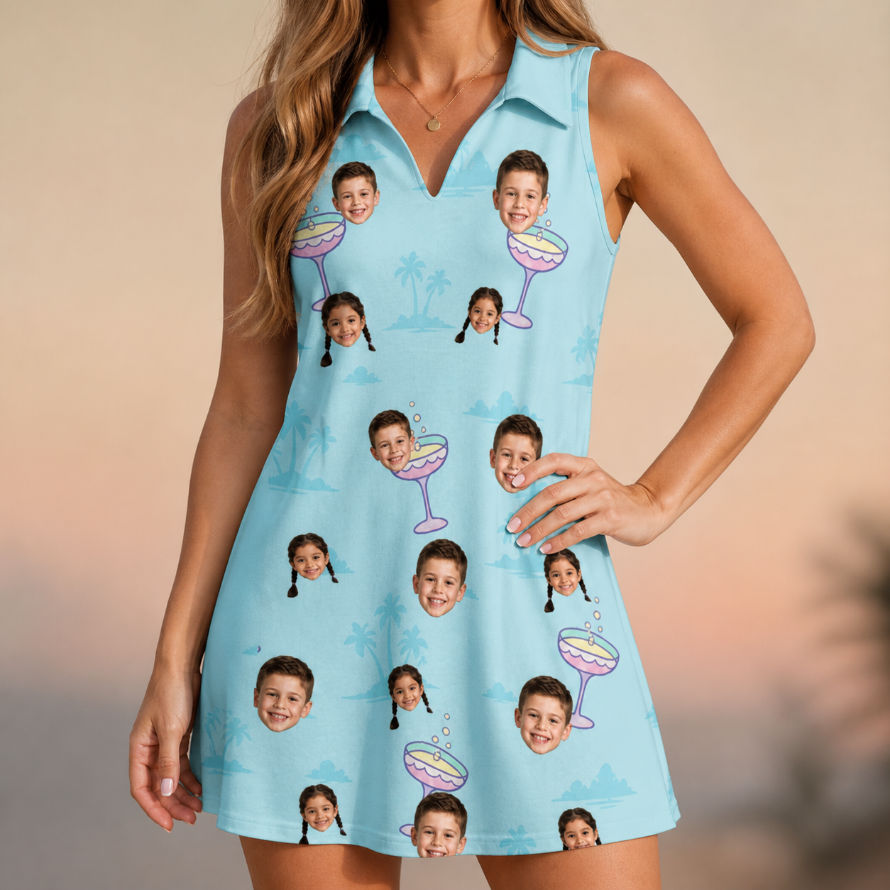 Model wearing Women's Cork Kisses Custom Face V-Neck Dress printed with kids' faces