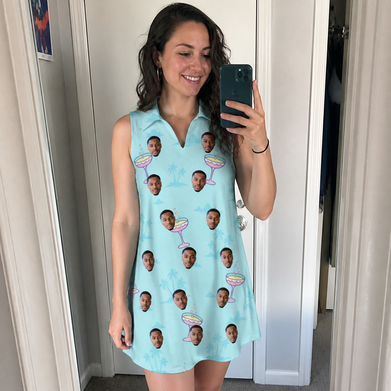 Real-life photo of someone wearing Women's Cork Kisses Custom Face V-Neck Dress — custom faces printed all-over