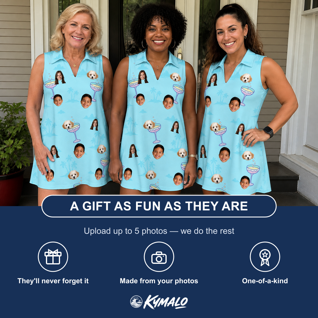 Friends in matching Women's Cork Kisses Custom Face V-Neck Dress — a group gift photo