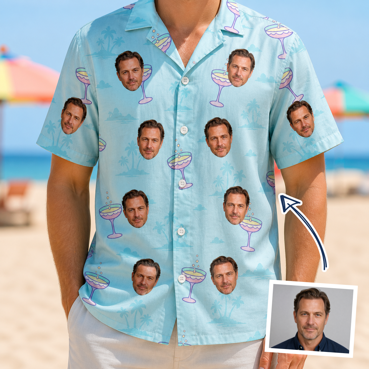 Man wearing Men's Cork Kisses Custom Face Hawaiian Shirt — custom faces printed all-over