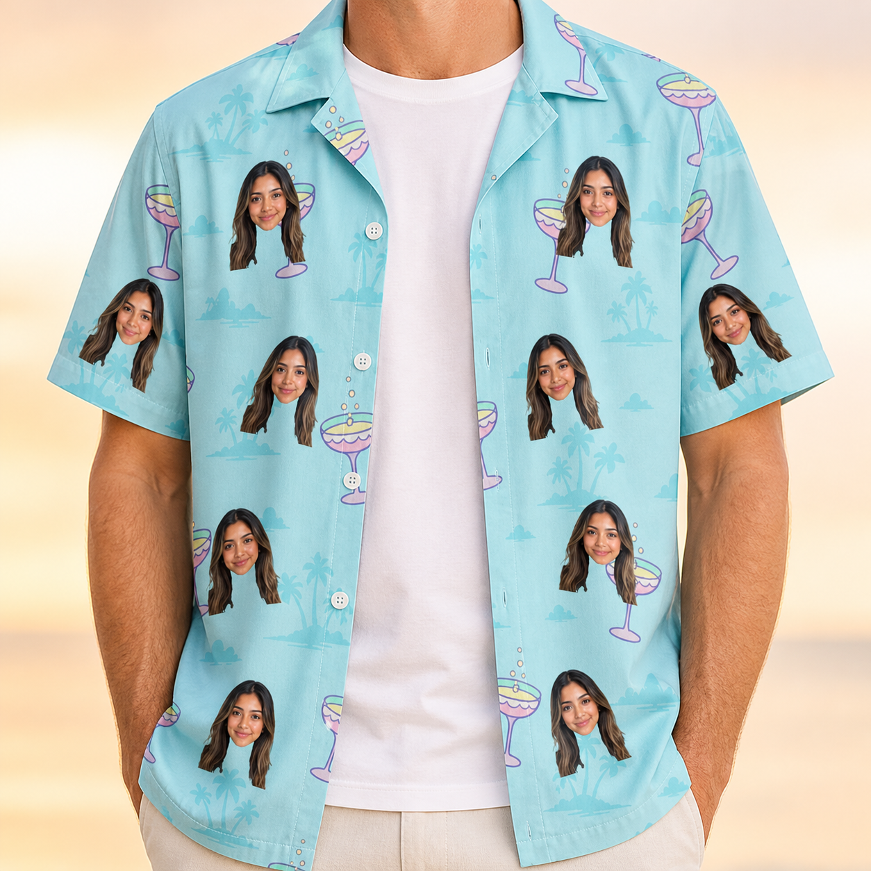 Man wearing Men's Cork Kisses Custom Face Hawaiian Shirt open over a white tee