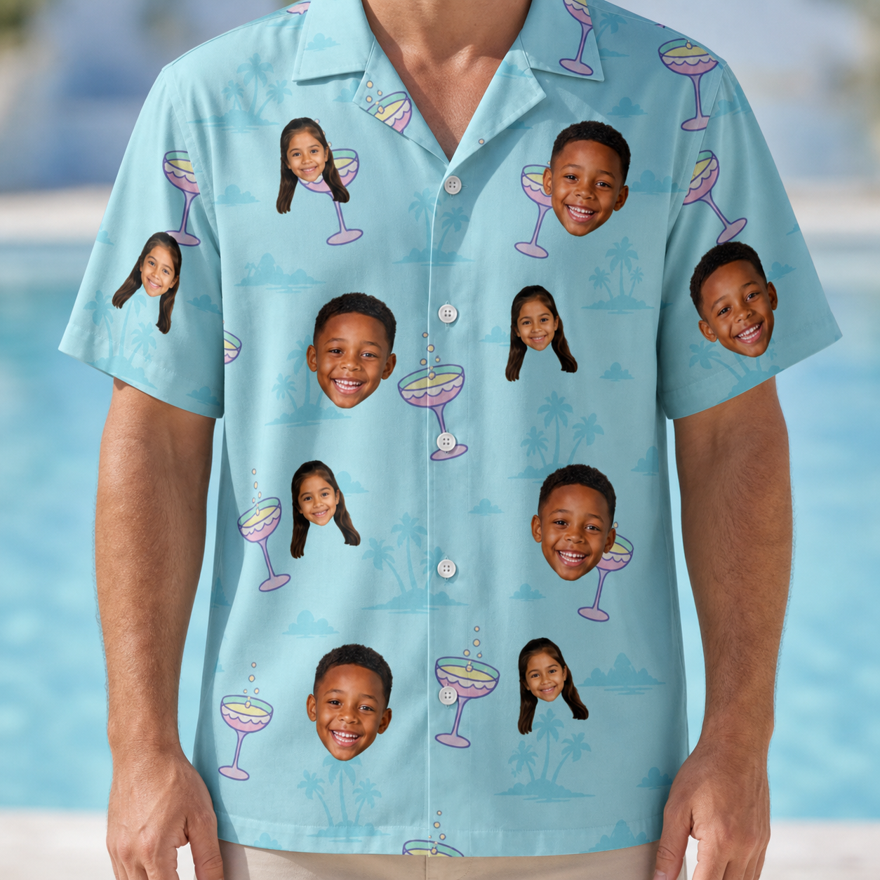 Model wearing Men's Cork Kisses Custom Face Hawaiian Shirt printed with kids' faces