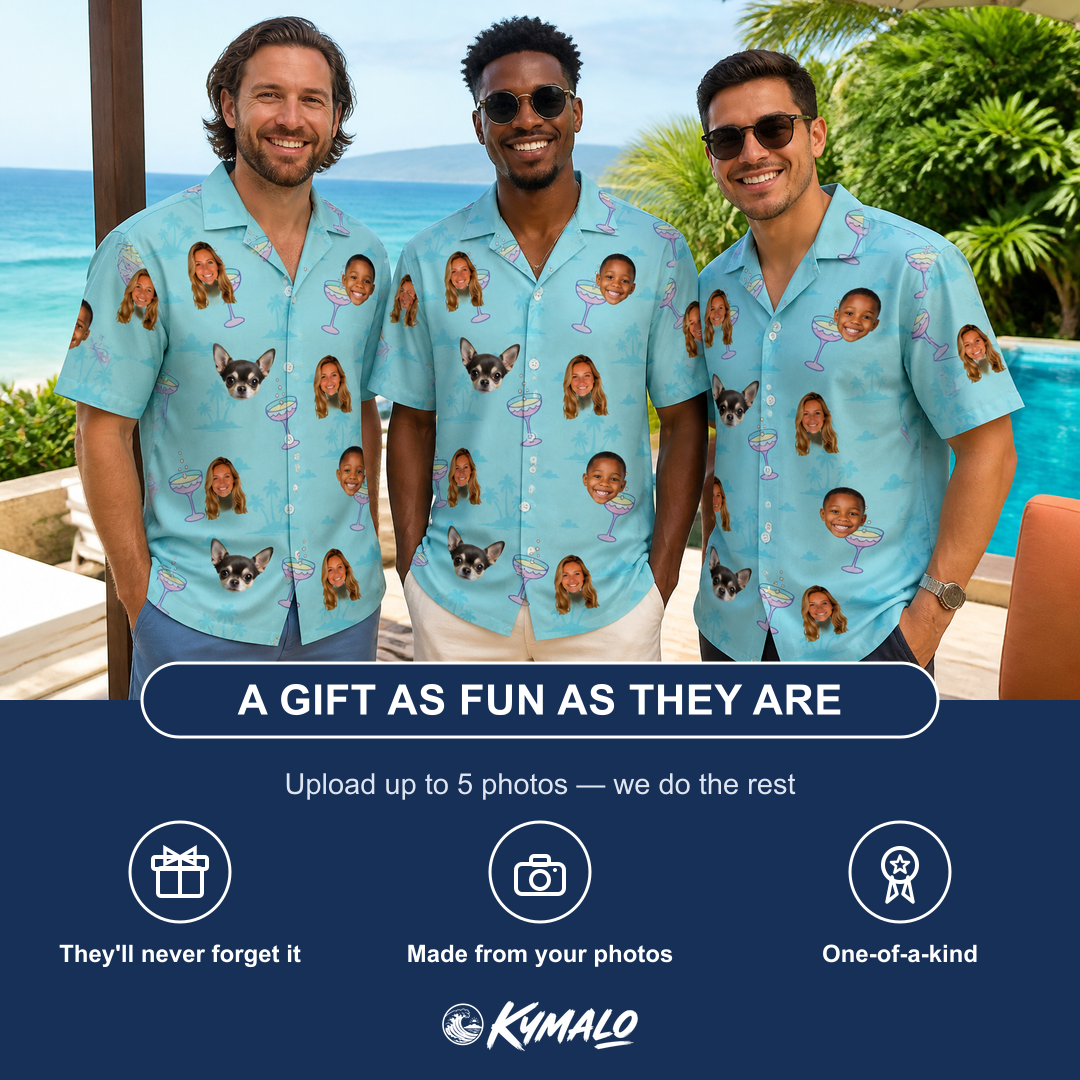 Friends in matching Men's Cork Kisses Custom Face Hawaiian Shirt — a group gift photo