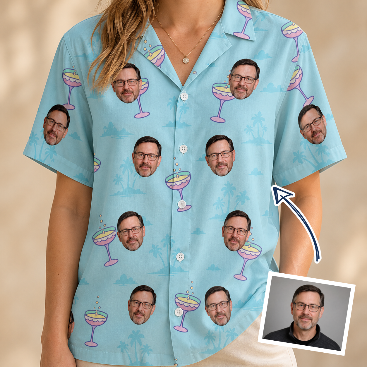Woman wearing Women's Cork Kisses Custom Face Hawaiian Shirt — custom faces printed all-over