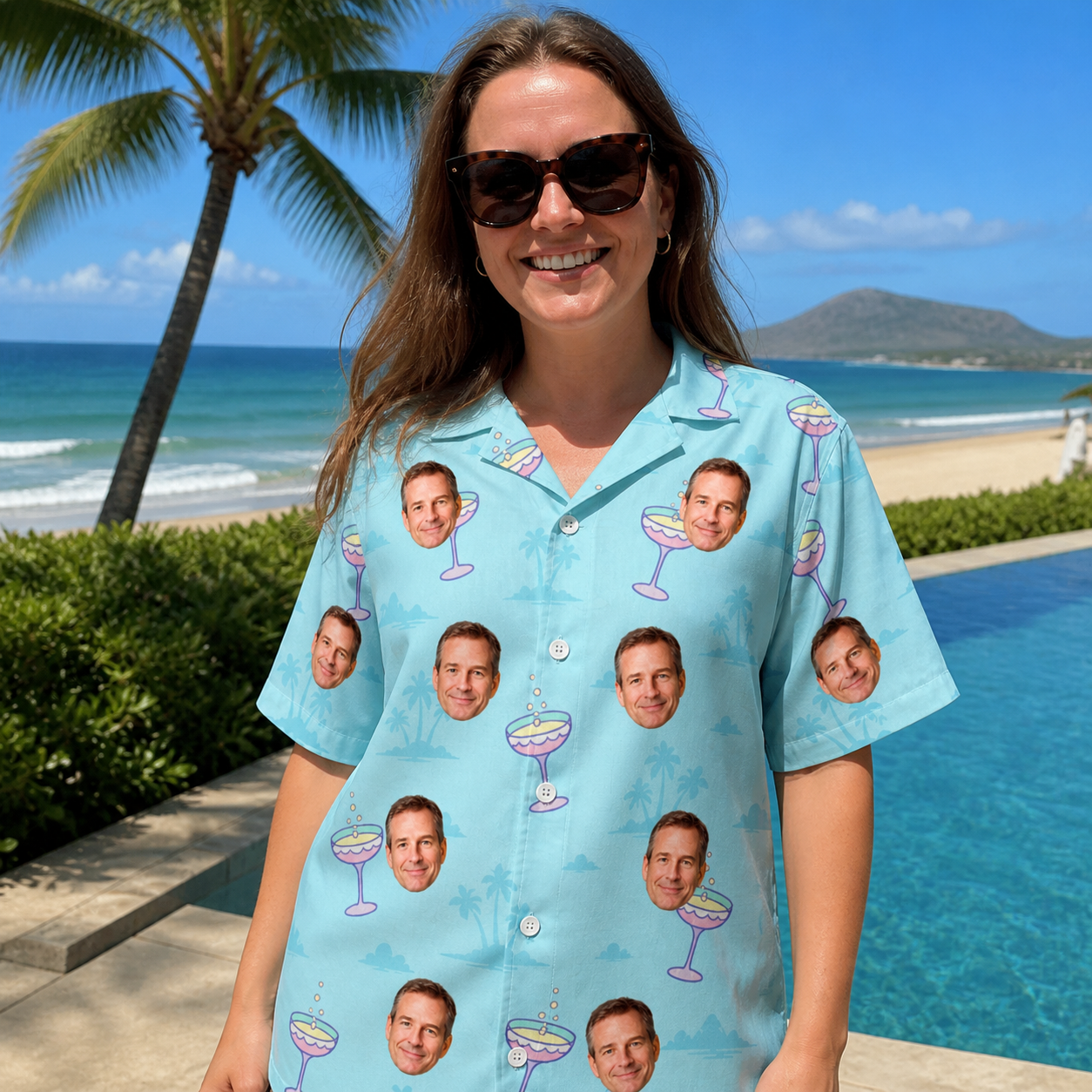 Real-life photo of someone wearing Women's Cork Kisses Custom Face Hawaiian Shirt — custom faces printed all-over