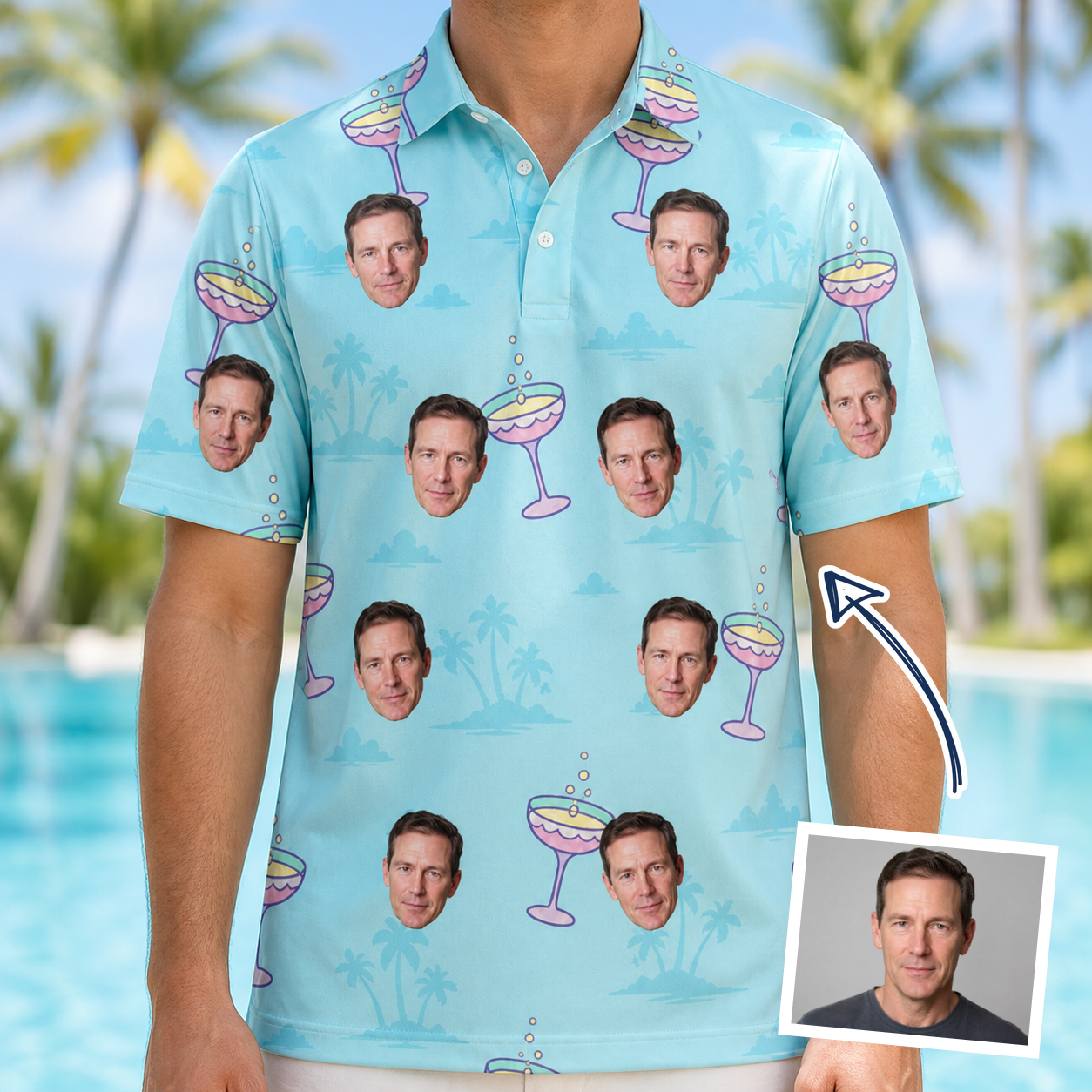 Man wearing Men's Cork Kisses Custom Face Polo Shirt — custom faces printed all-over