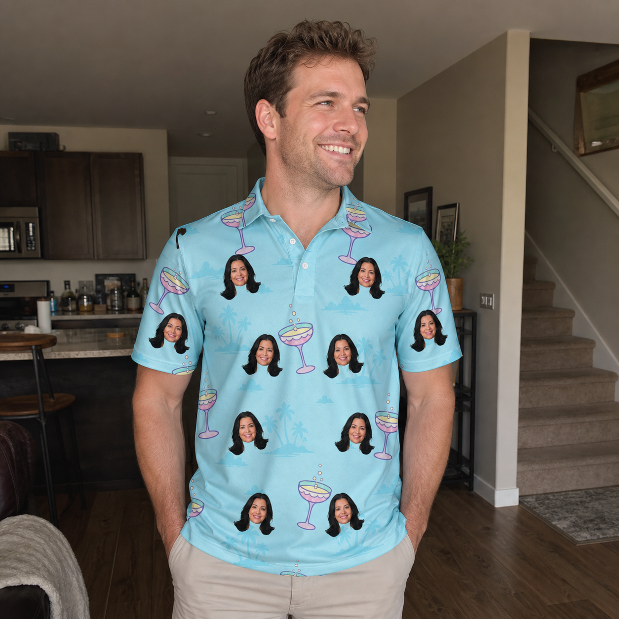 Real-life photo of someone wearing Men's Cork Kisses Custom Face Polo Shirt — custom faces printed all-over