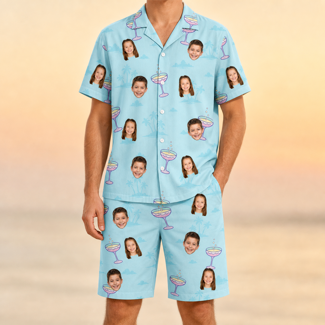 Model wearing Men's Cork Kisses Custom Face Shirt & Shorts Set printed with kids' faces