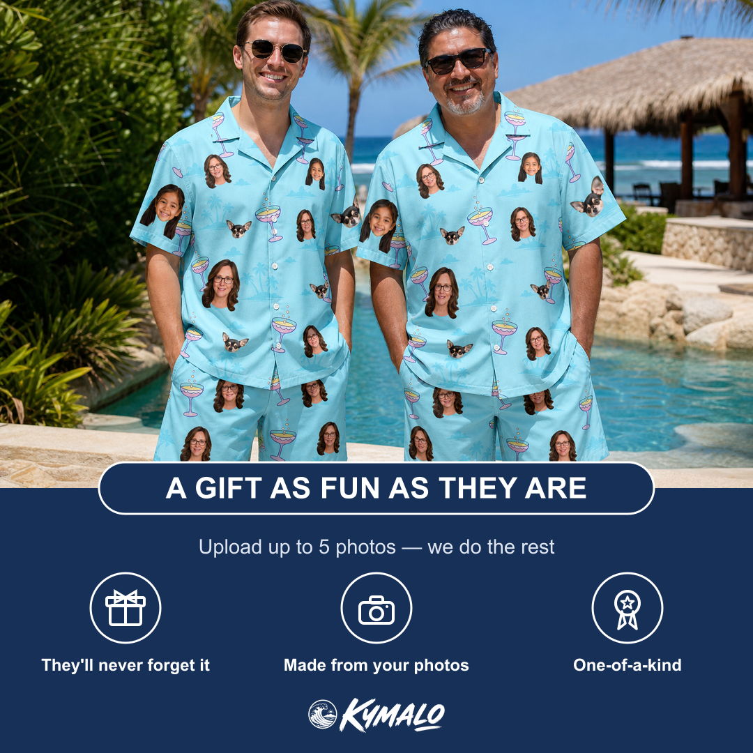 Friends in matching Men's Cork Kisses Custom Face Shirt & Shorts Set — a group gift photo