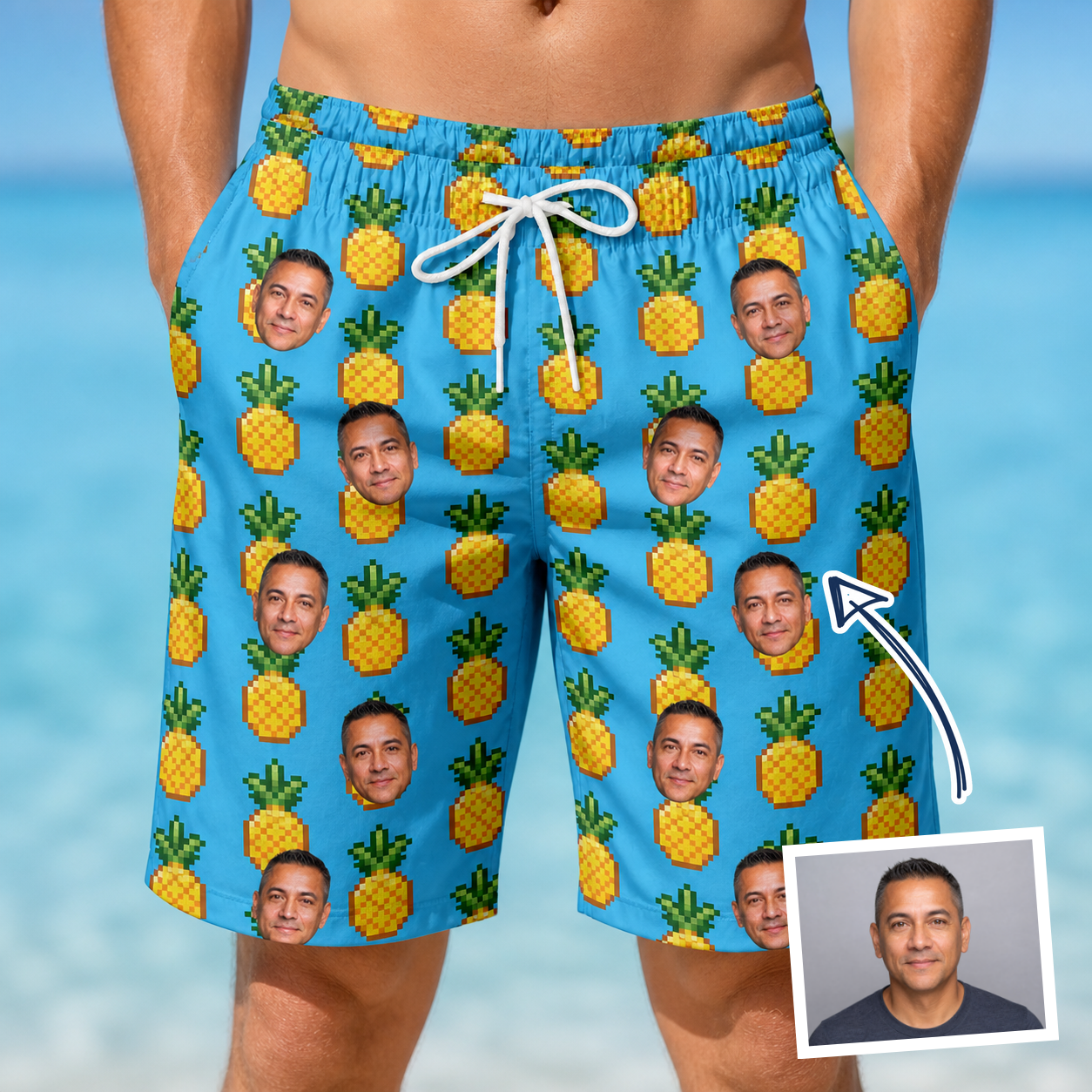 Man wearing Men's Exotic Excursion Custom Face Beach Shorts — custom faces printed all-over