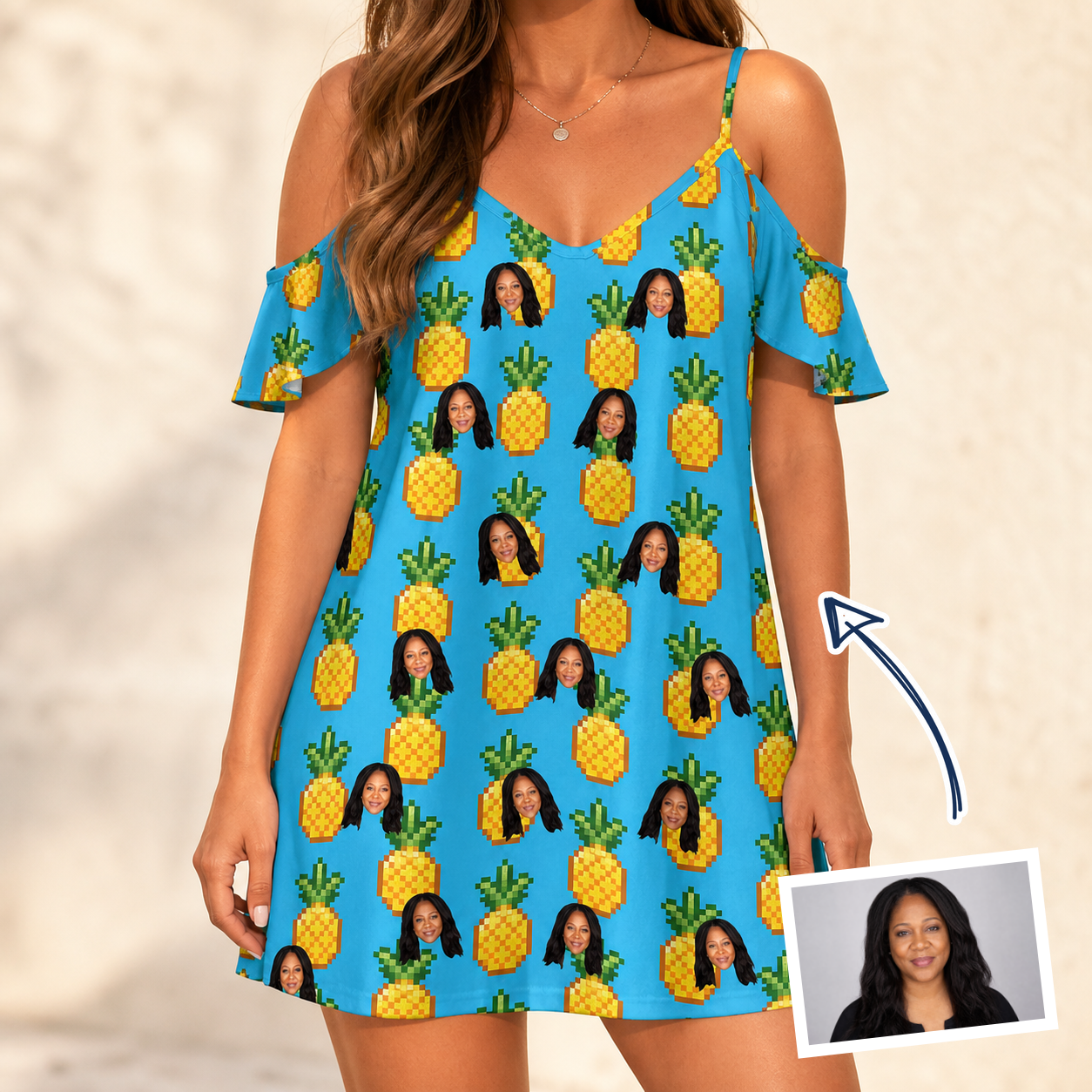Woman wearing Women's Exotic Excursion Custom Face Off-Shoulder Dress — custom faces printed all-over