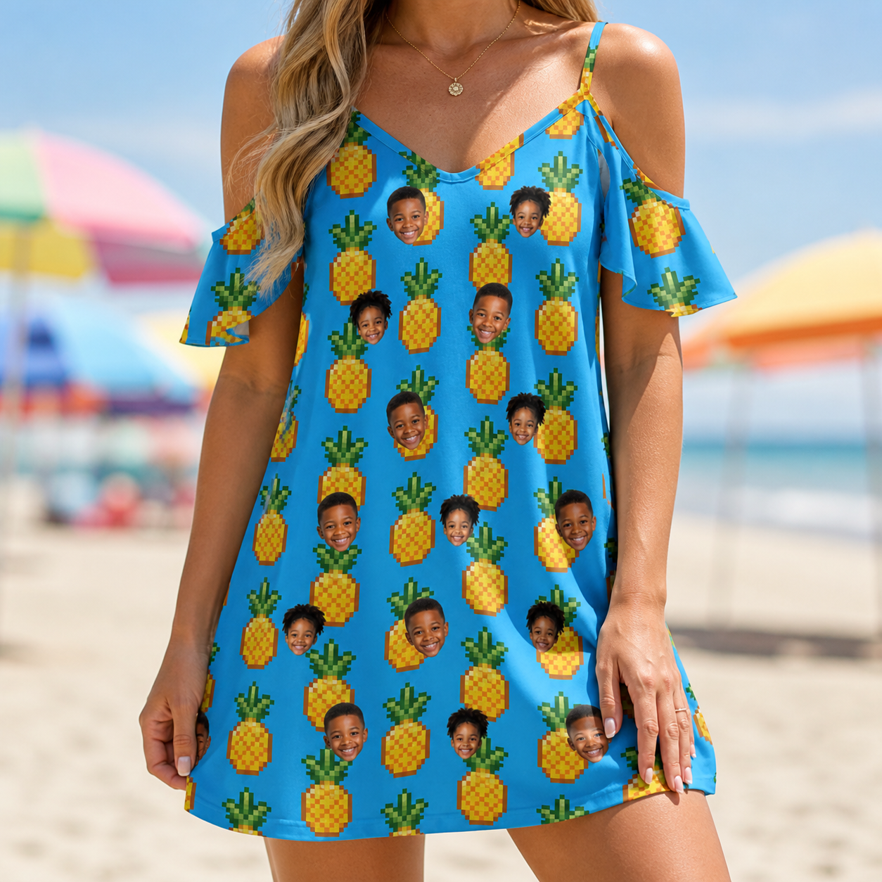 Model wearing Women's Exotic Excursion Custom Face Off-Shoulder Dress printed with kids' faces