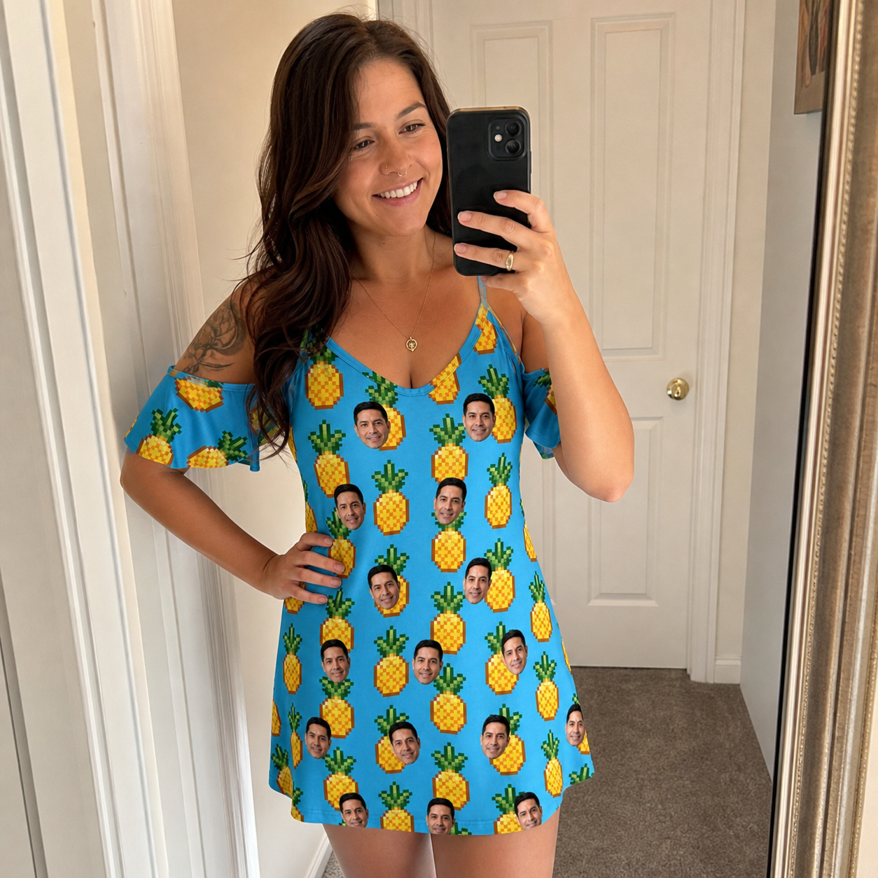 Real-life photo of someone wearing Women's Exotic Excursion Custom Face Off-Shoulder Dress — custom faces printed all-over