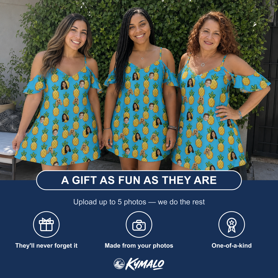 Friends in matching Women's Exotic Excursion Custom Face Off-Shoulder Dress — a group gift photo