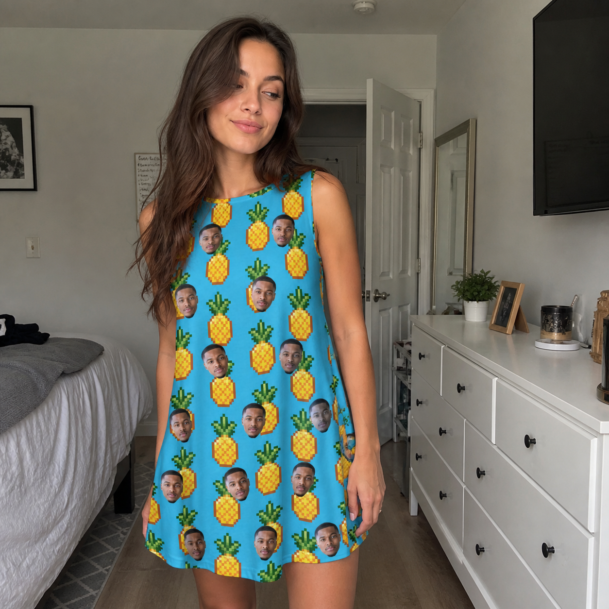 Real-life photo of someone wearing Women's Exotic Excursion Custom Face Tank Dress — custom faces printed all-over