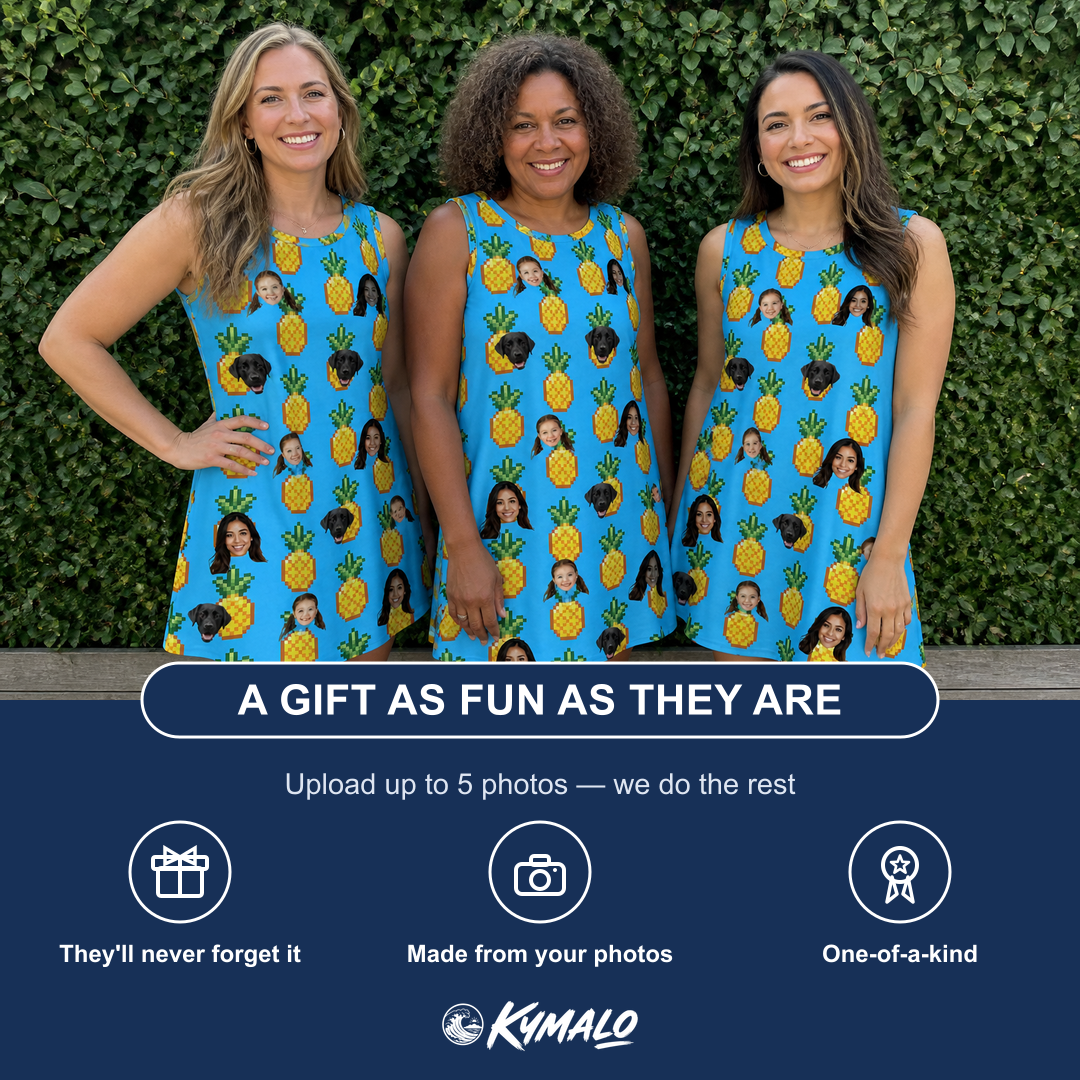 Friends in matching Women's Exotic Excursion Custom Face Tank Dress — a group gift photo