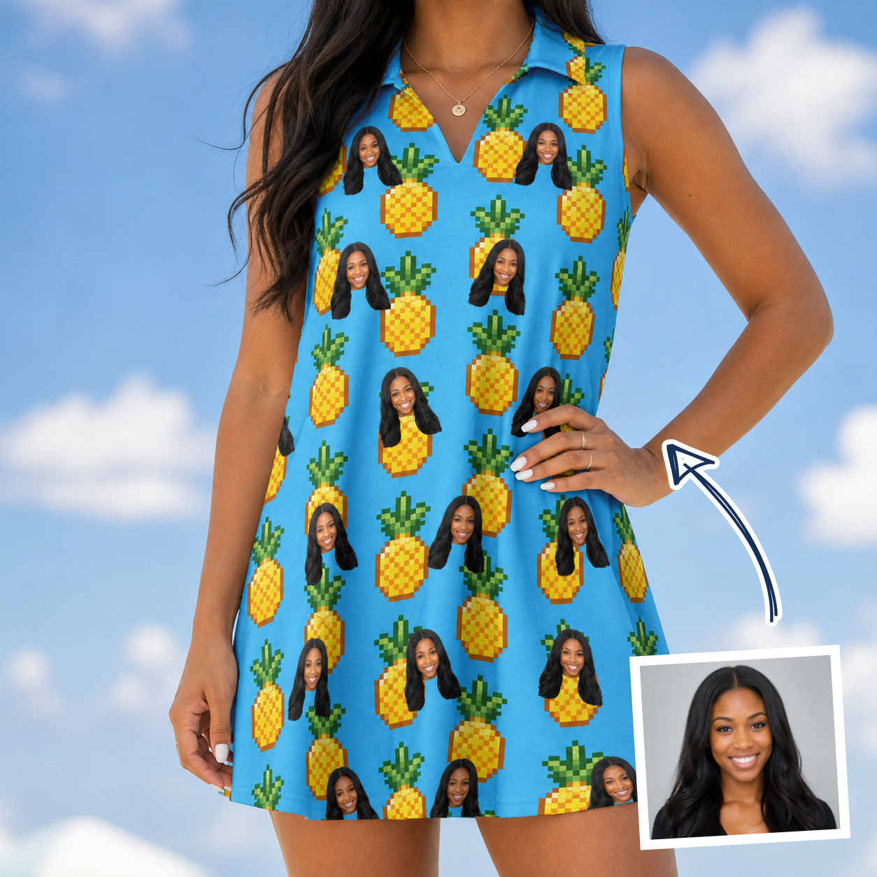 Woman wearing Women's Exotic Excursion Custom Face V-Neck Dress — custom faces printed all-over