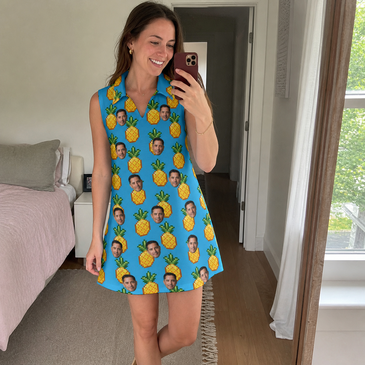 Real-life photo of someone wearing Women's Exotic Excursion Custom Face V-Neck Dress — custom faces printed all-over