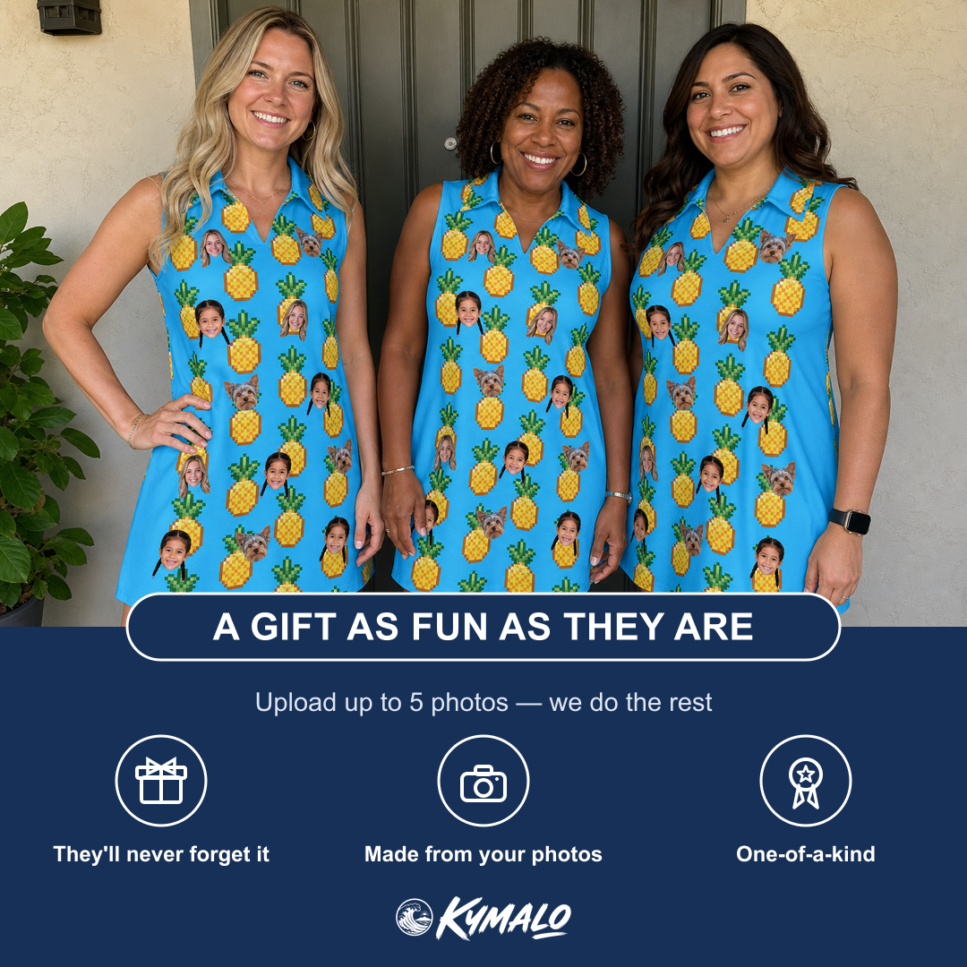 Friends in matching Women's Exotic Excursion Custom Face V-Neck Dress — a group gift photo