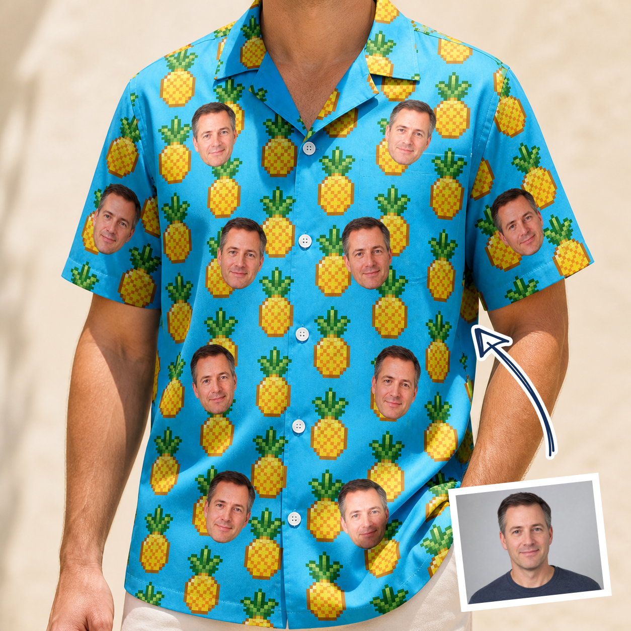 Man wearing Men's Exotic Excursion Custom Face Hawaiian Shirt — custom faces printed all-over