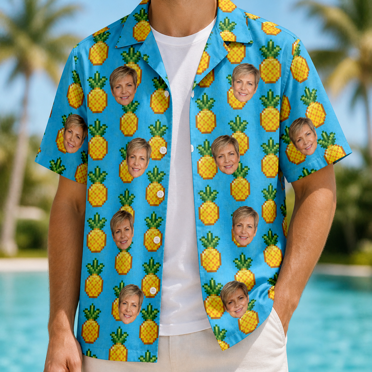 Man wearing Men's Exotic Excursion Custom Face Hawaiian Shirt open over a white tee