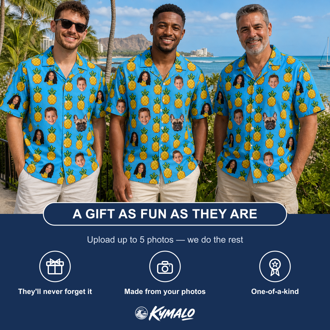 Friends in matching Men's Exotic Excursion Custom Face Hawaiian Shirt — a group gift photo