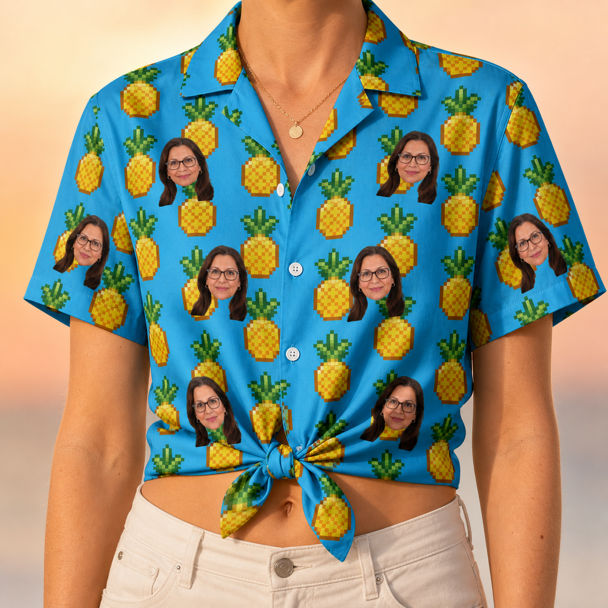 Woman wearing Women's Exotic Excursion Custom Face Hawaiian Shirt tied at the waist