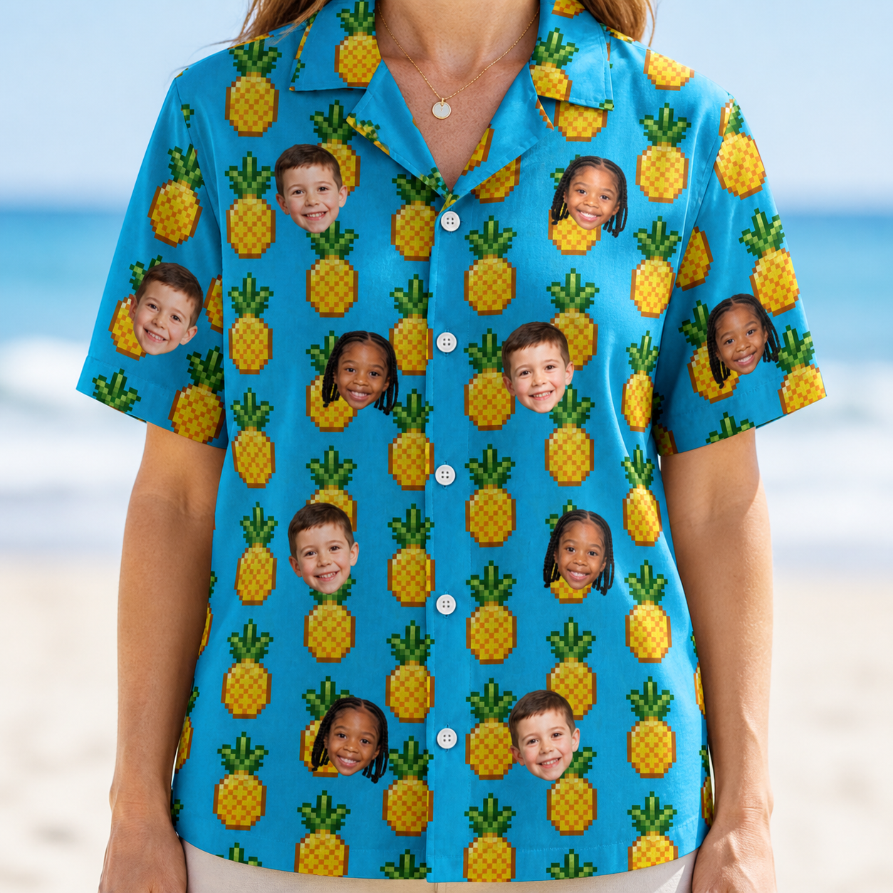 Model wearing Women's Exotic Excursion Custom Face Hawaiian Shirt printed with kids' faces