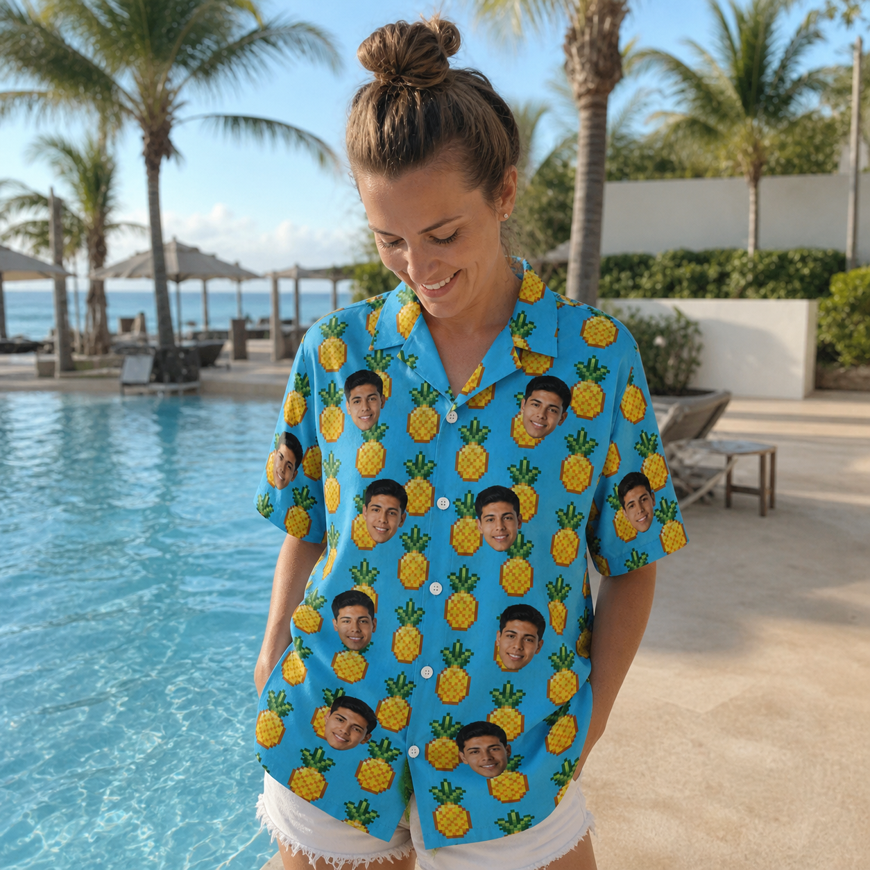 Real-life photo of someone wearing Women's Exotic Excursion Custom Face Hawaiian Shirt — custom faces printed all-over