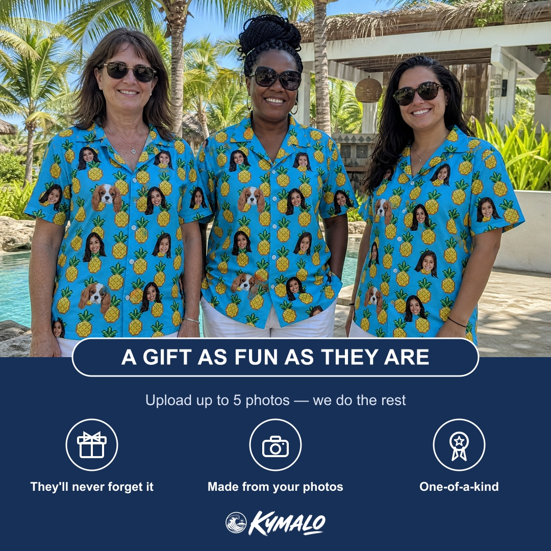 Friends in matching Women's Exotic Excursion Custom Face Hawaiian Shirt — a group gift photo