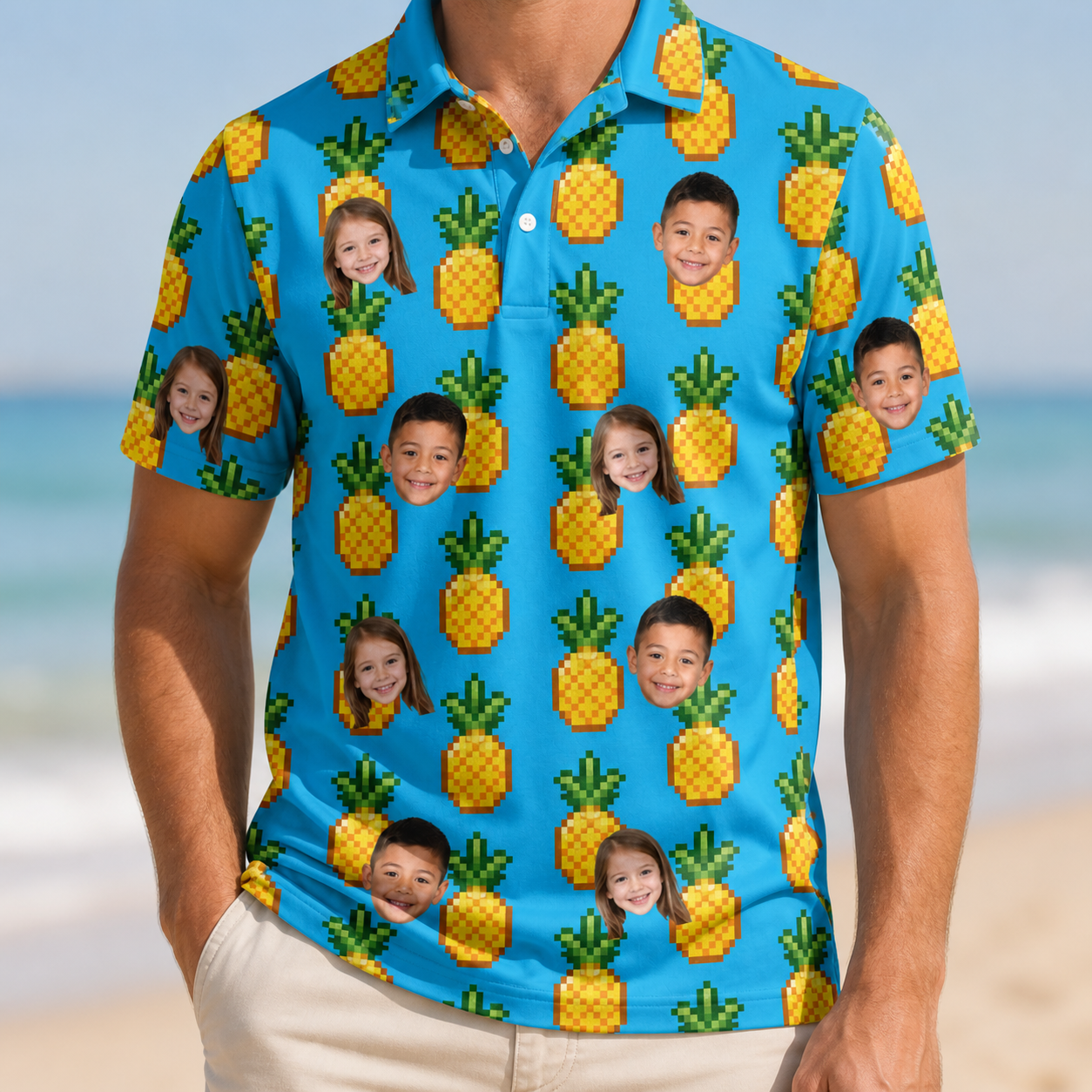 Model wearing Men's Exotic Excursion Custom Face Polo Shirt printed with kids' faces