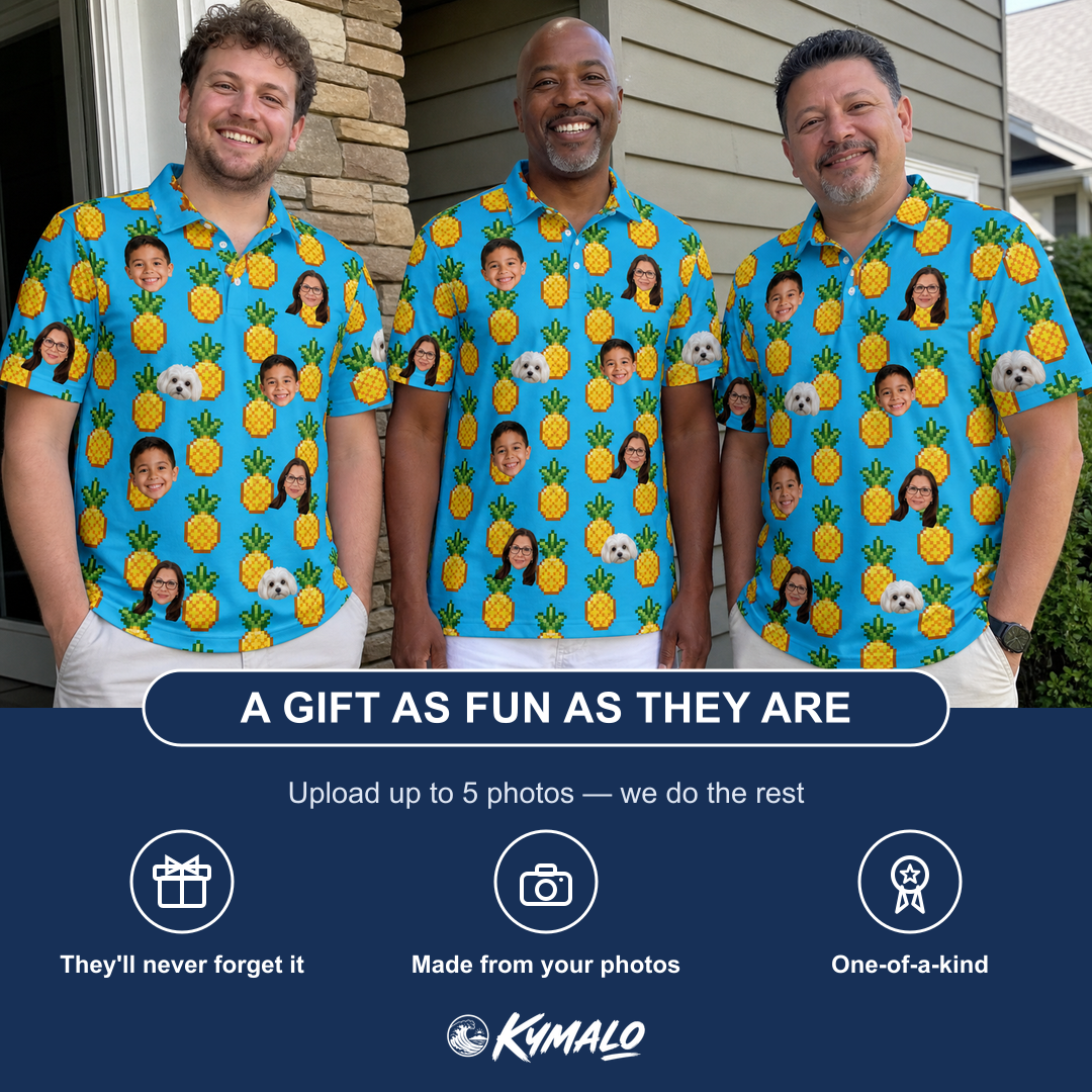 Friends in matching Men's Exotic Excursion Custom Face Polo Shirt — a group gift photo