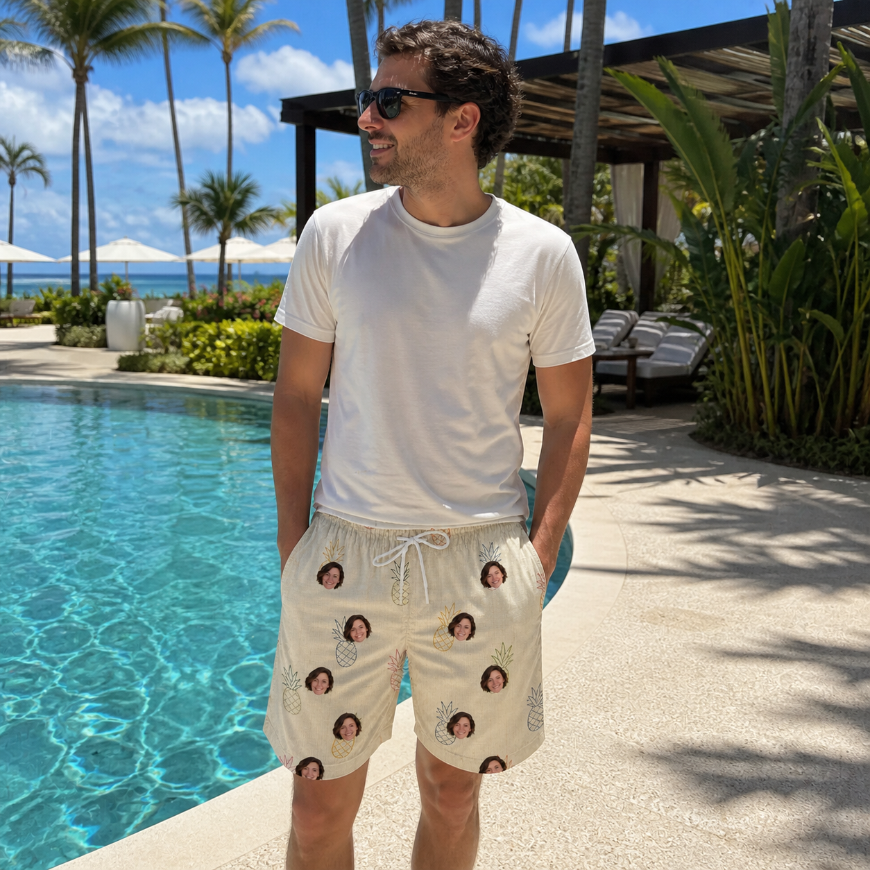 Real-life photo of someone wearing Men's Fruitful Foursome Custom Face Beach Shorts — custom faces printed all-over