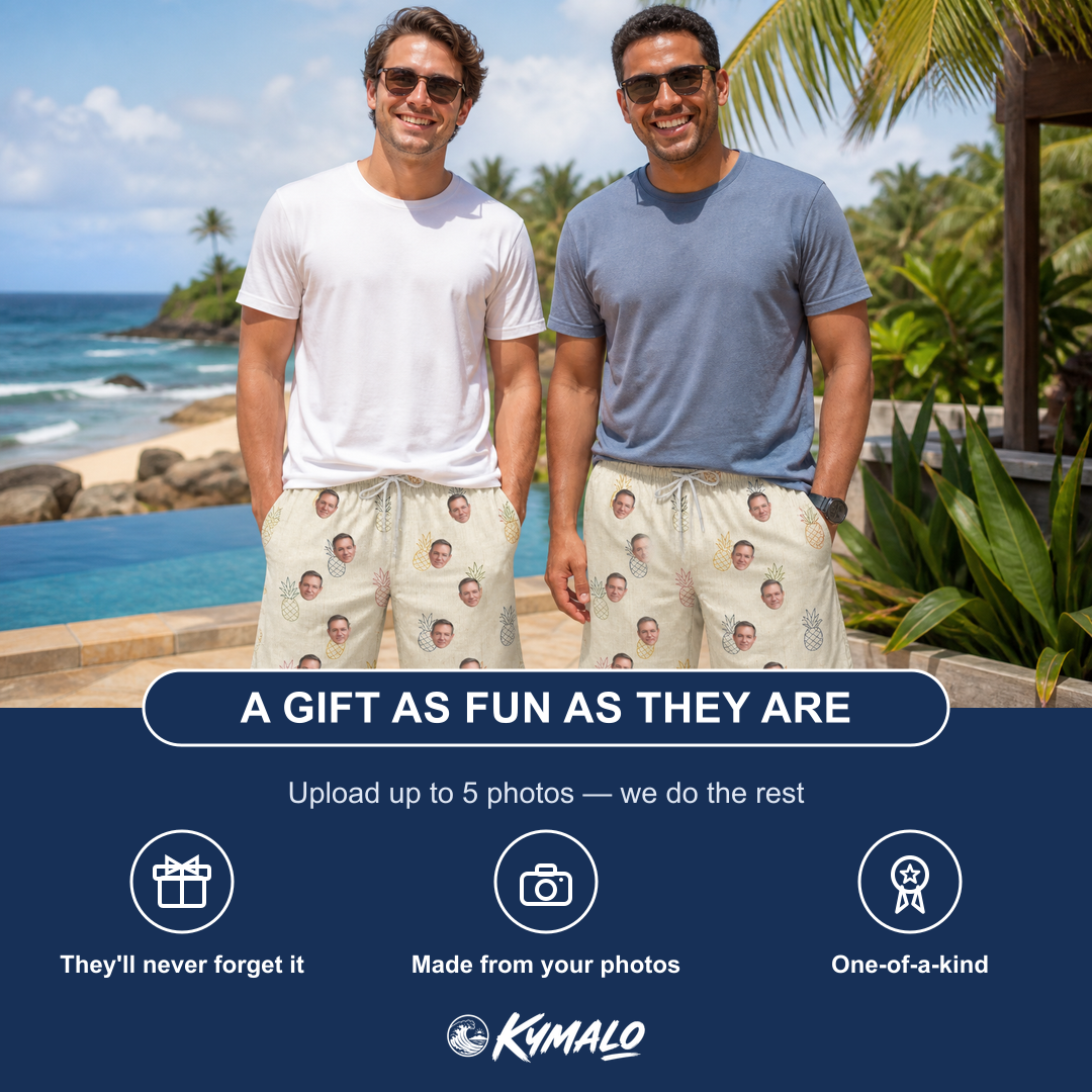 Friends in matching Men's Fruitful Foursome Custom Face Beach Shorts — a group gift photo