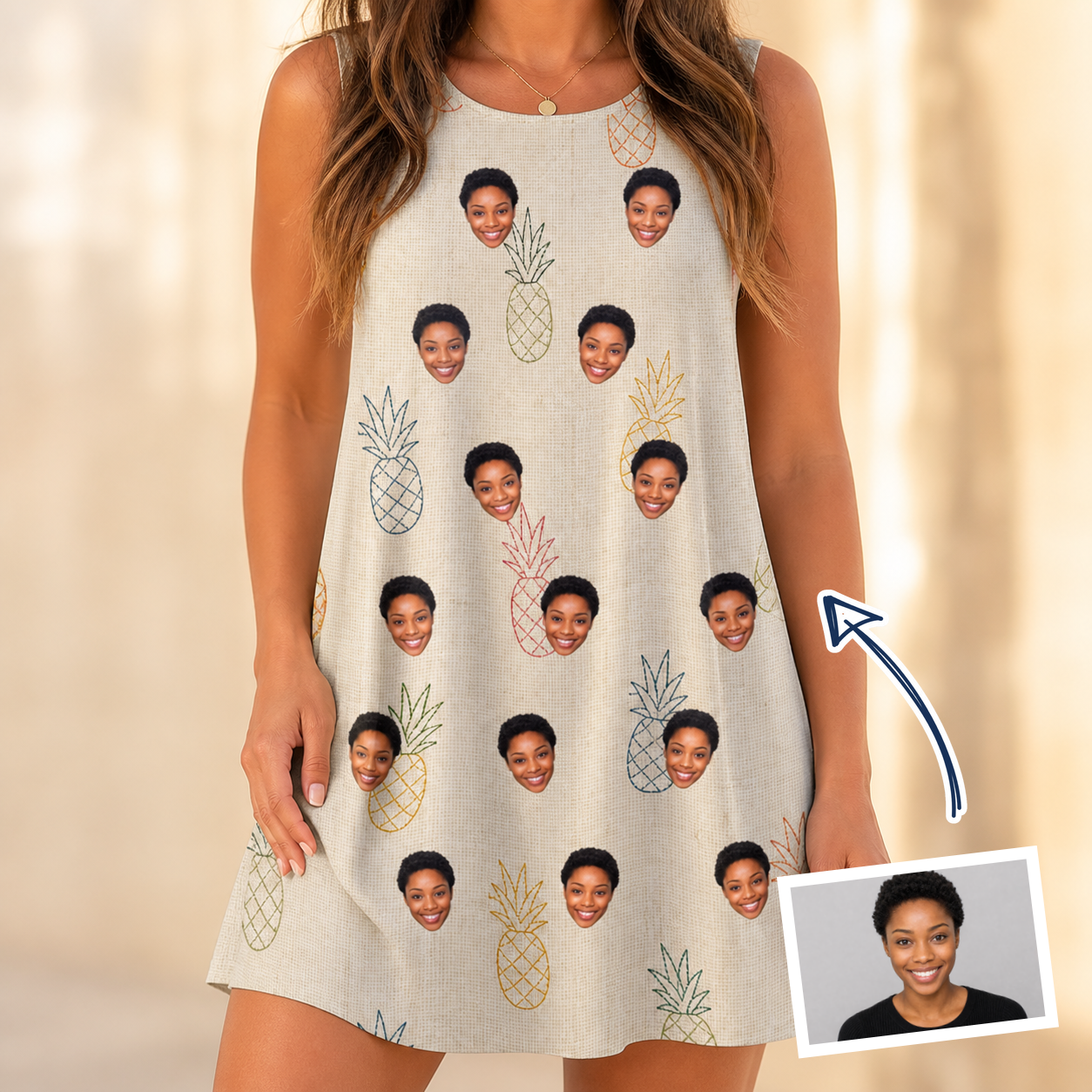 Woman wearing Women's Fruitful Foursome Custom Face Tank Dress — custom faces printed all-over