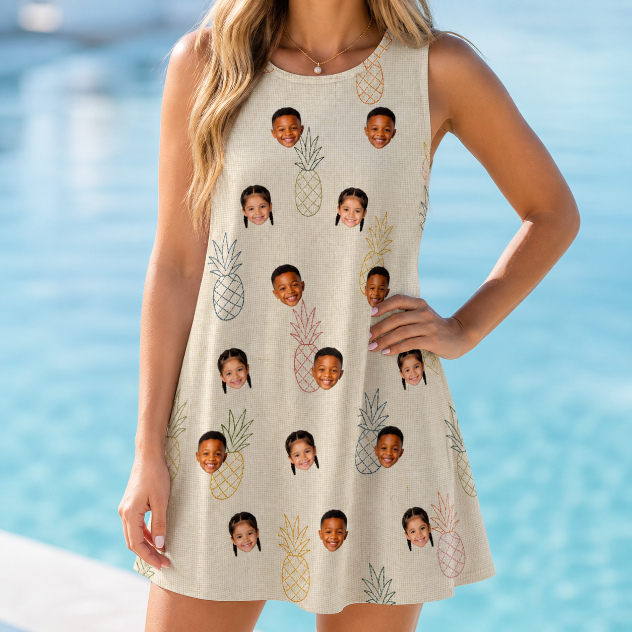 Model wearing Women's Fruitful Foursome Custom Face Tank Dress printed with kids' faces
