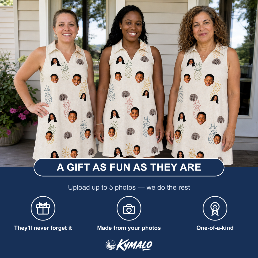 Friends in matching Women's Fruitful Foursome Custom Face V-Neck Dress — a group gift photo