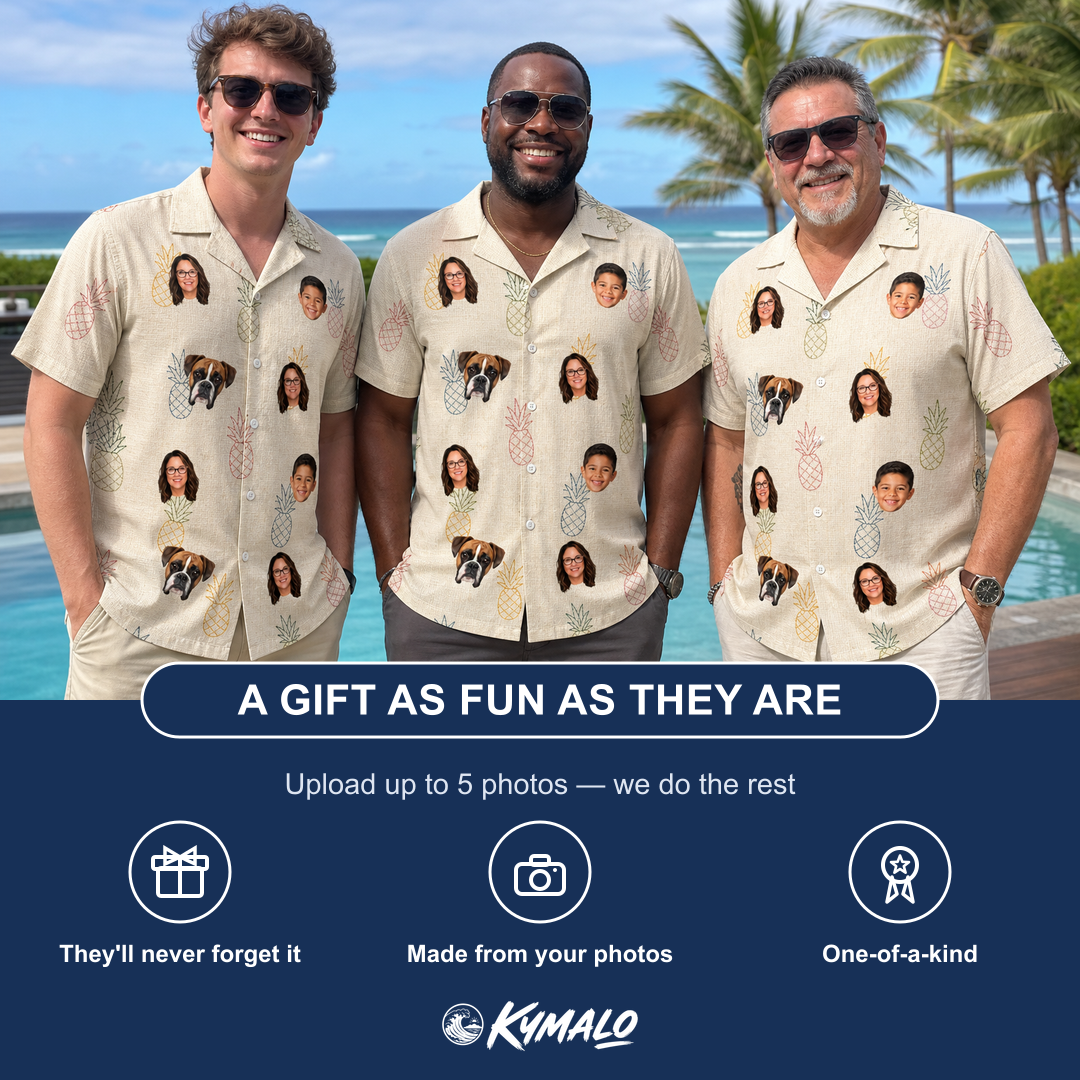 Friends in matching Men's Fruitful Foursome Custom Face Hawaiian Shirt — a group gift photo