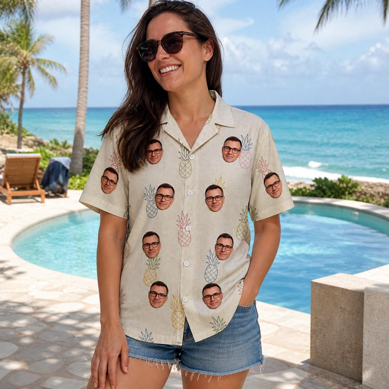 Real-life photo of someone wearing Women's Fruitful Foursome Custom Face Hawaiian Shirt — custom faces printed all-over