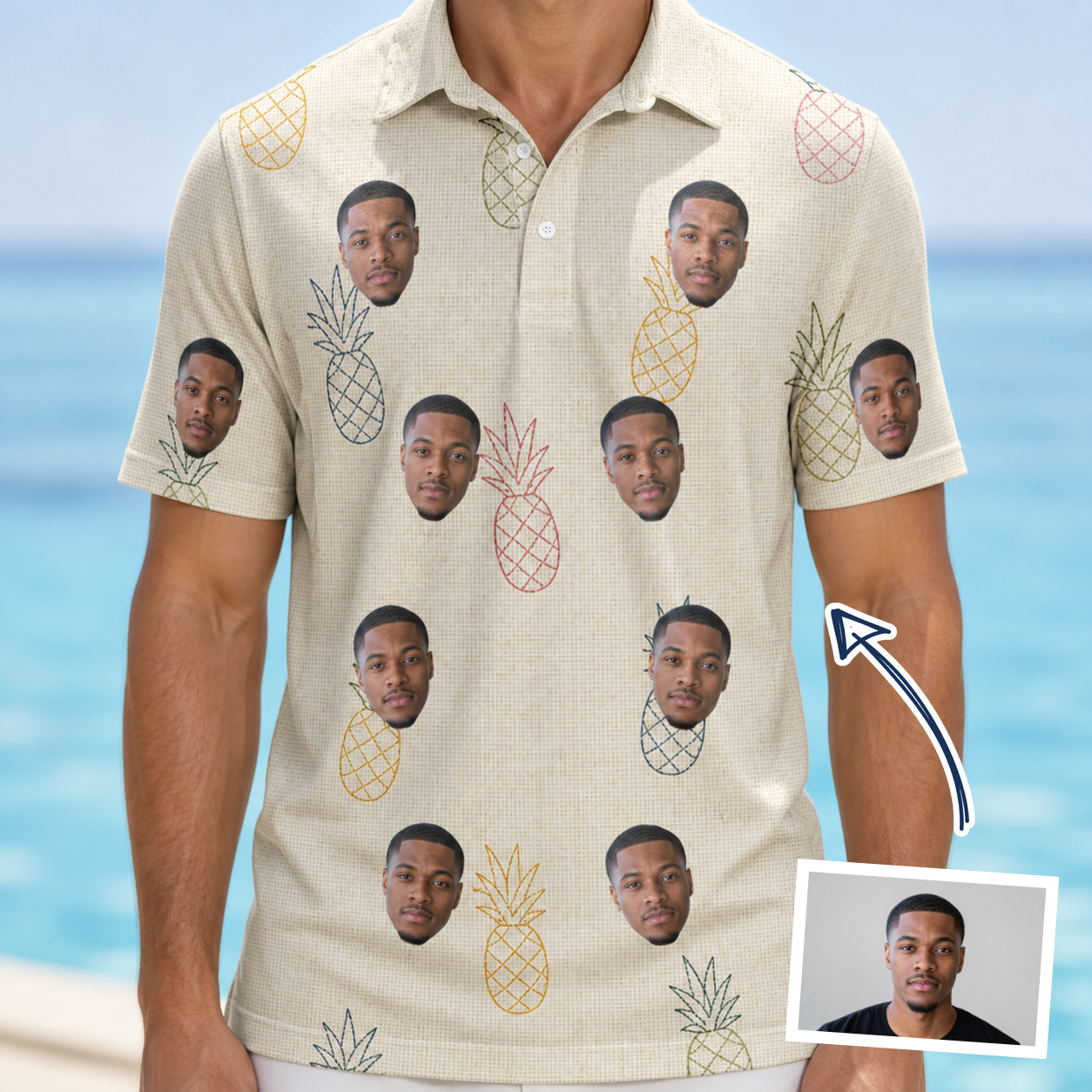 Man wearing Men's Fruitful Foursome Custom Face Polo Shirt — custom faces printed all-over