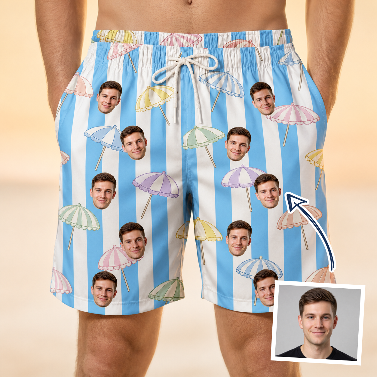Man wearing Men's Awning Outing Custom Face Beach Shorts — custom faces printed all-over