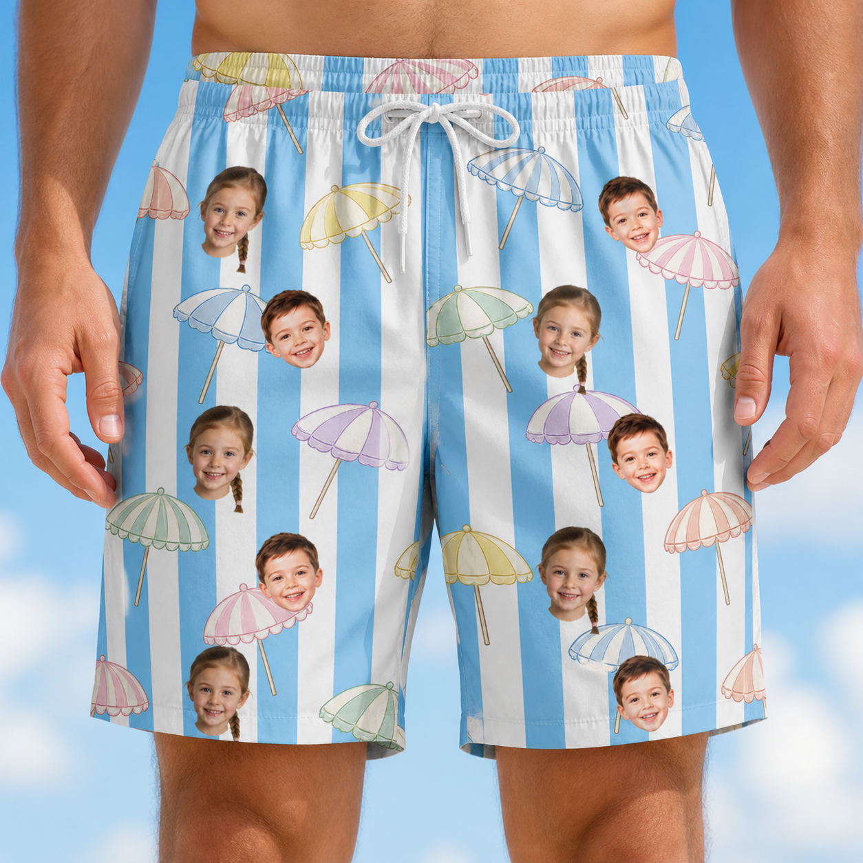 Model wearing Men's Awning Outing Custom Face Beach Shorts printed with kids' faces