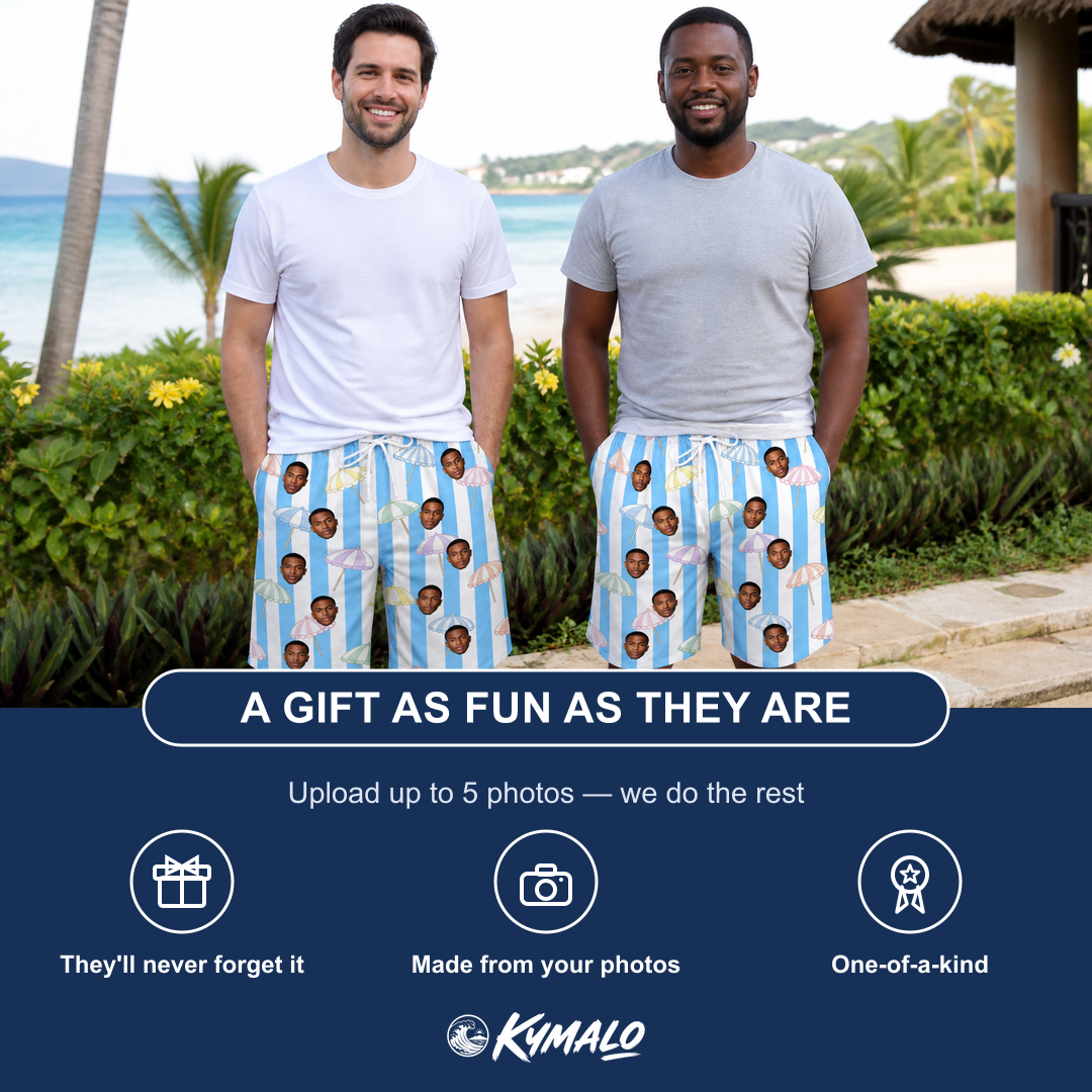 Friends in matching Men's Awning Outing Custom Face Beach Shorts — a group gift photo
