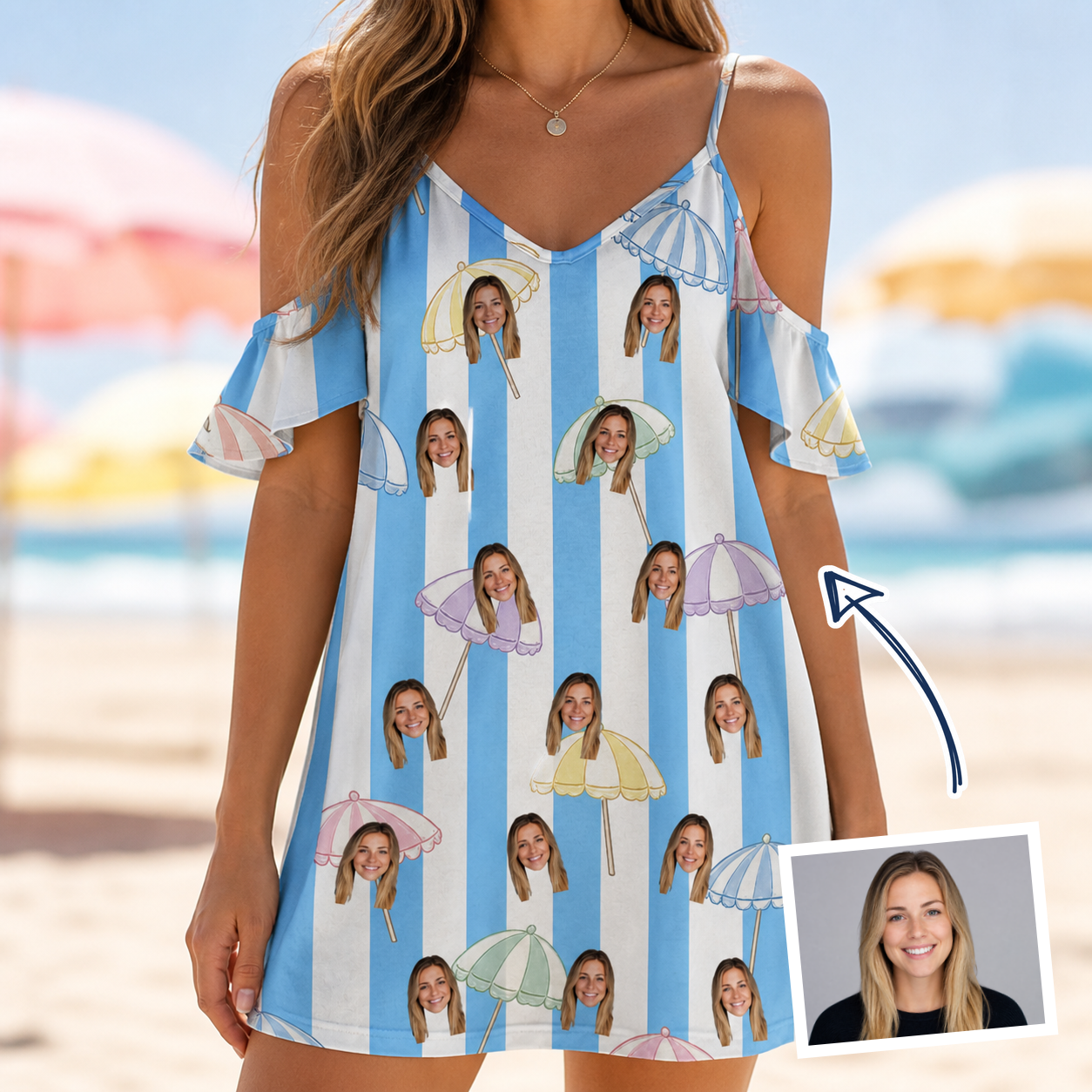 Woman wearing Women's Awning Outing Custom Face Off-Shoulder Dress — custom faces printed all-over