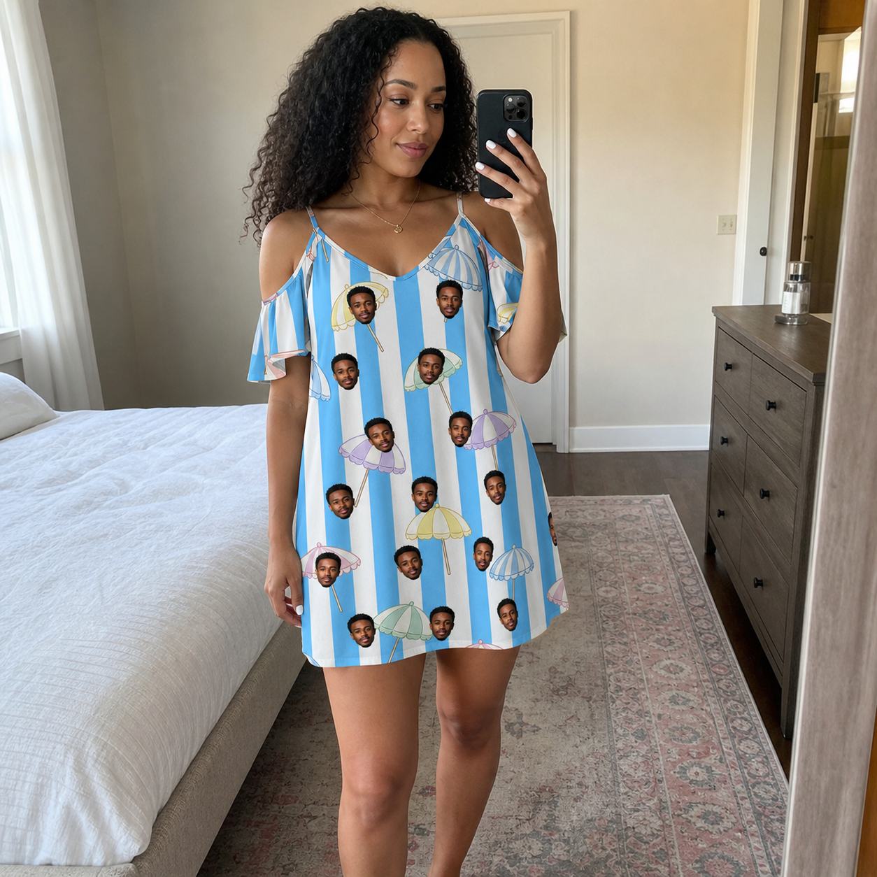 Real-life photo of someone wearing Women's Awning Outing Custom Face Off-Shoulder Dress — custom faces printed all-over