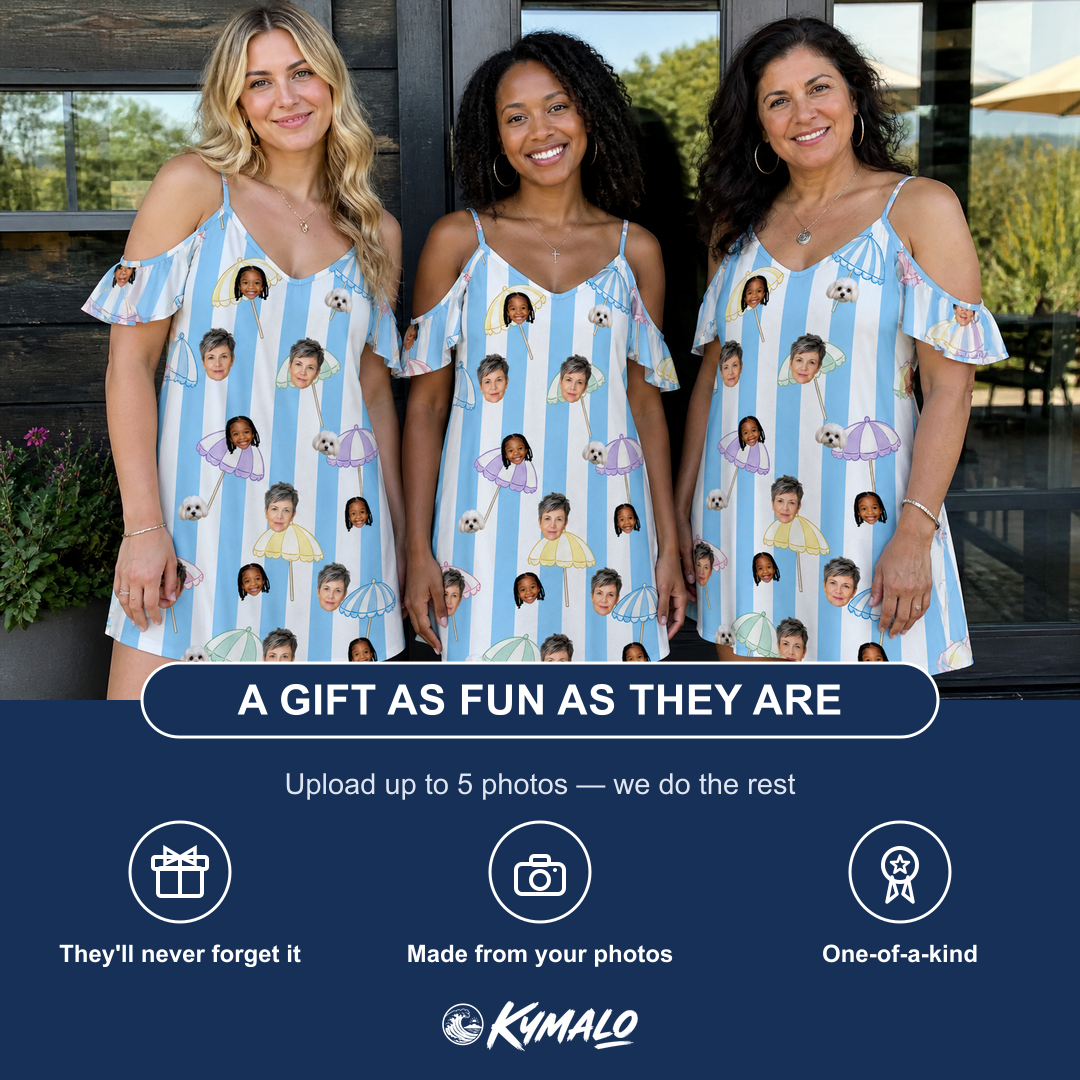 Friends in matching Women's Awning Outing Custom Face Off-Shoulder Dress — a group gift photo