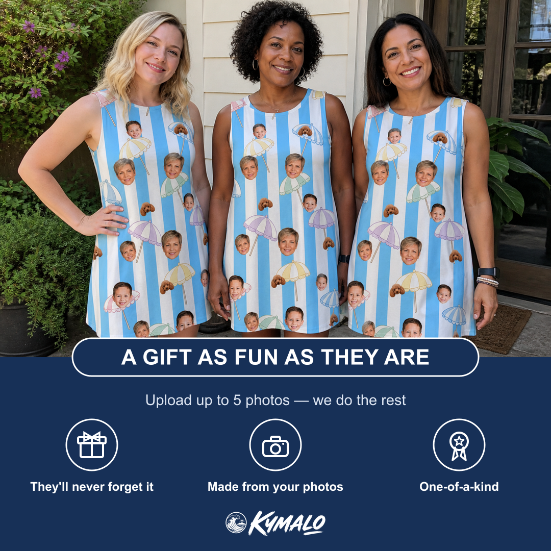 Friends in matching Women's Awning Outing Custom Face Tank Dress — a group gift photo