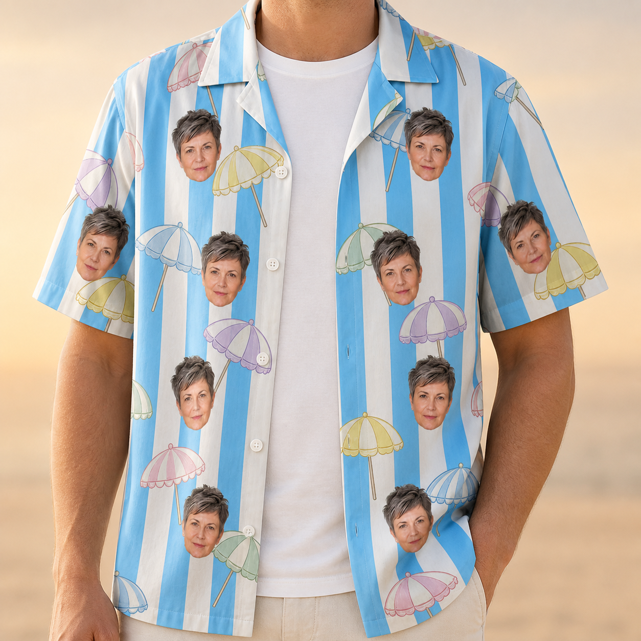 Man wearing Men's Awning Outing Custom Face Hawaiian Shirt open over a white tee