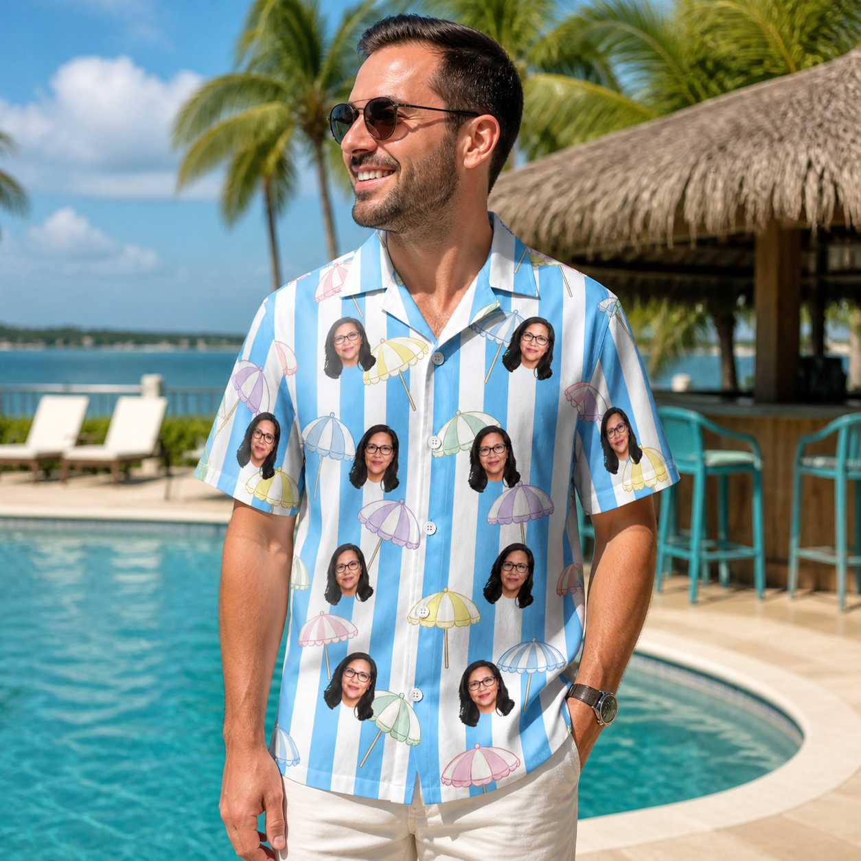 Real-life photo of someone wearing Men's Awning Outing Custom Face Hawaiian Shirt — custom faces printed all-over
